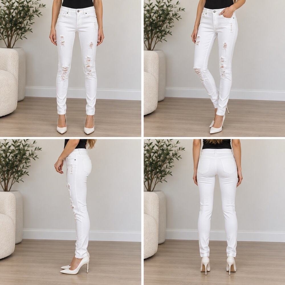 Express Women’s 4 Long White Distressed Ripped Skinny Stretch Jeans